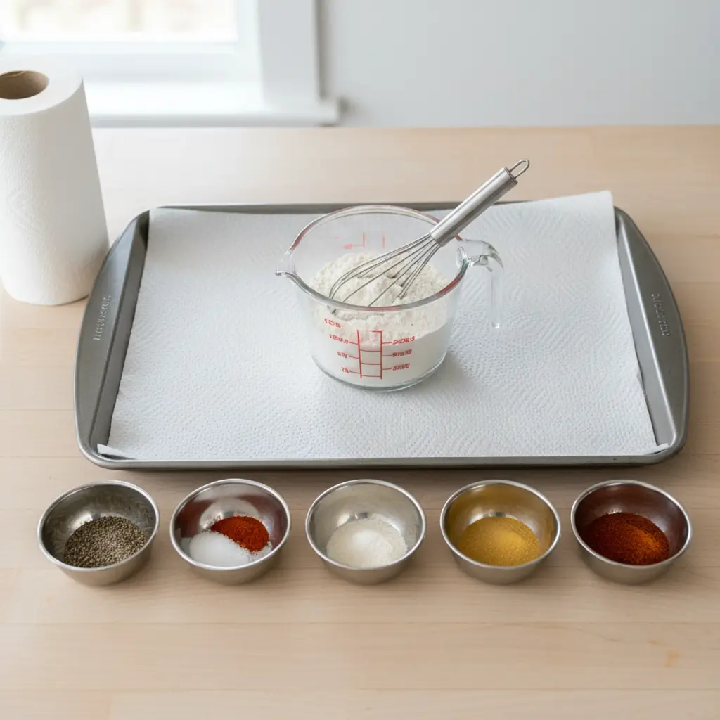 A display of essential crispy fried chicken ingredients, including flour and a variety of spices in bowls, ready for mixing.