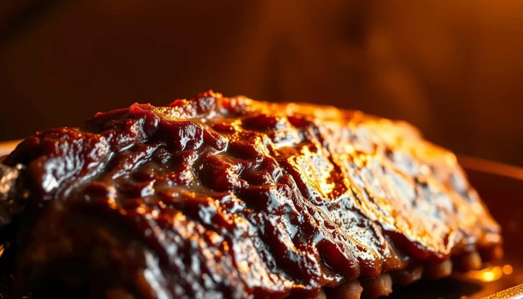 A close-up of a saucy rack of oven-baked ribs with a caramelized glaze.