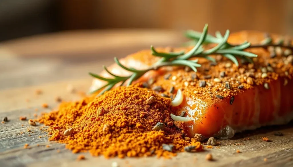 Raw salmon fillet on a wooden board with a pile of orange spice rub and rosemary.
