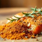Raw salmon fillet on a wooden board with a pile of orange salmon dry rub and rosemary.